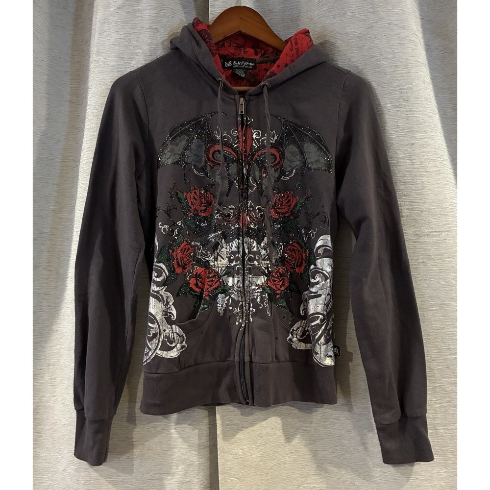 Self Esteem Y2K Grunge Skater Zip Hoodie Bats Roses Grey Red Large 6511XIMX